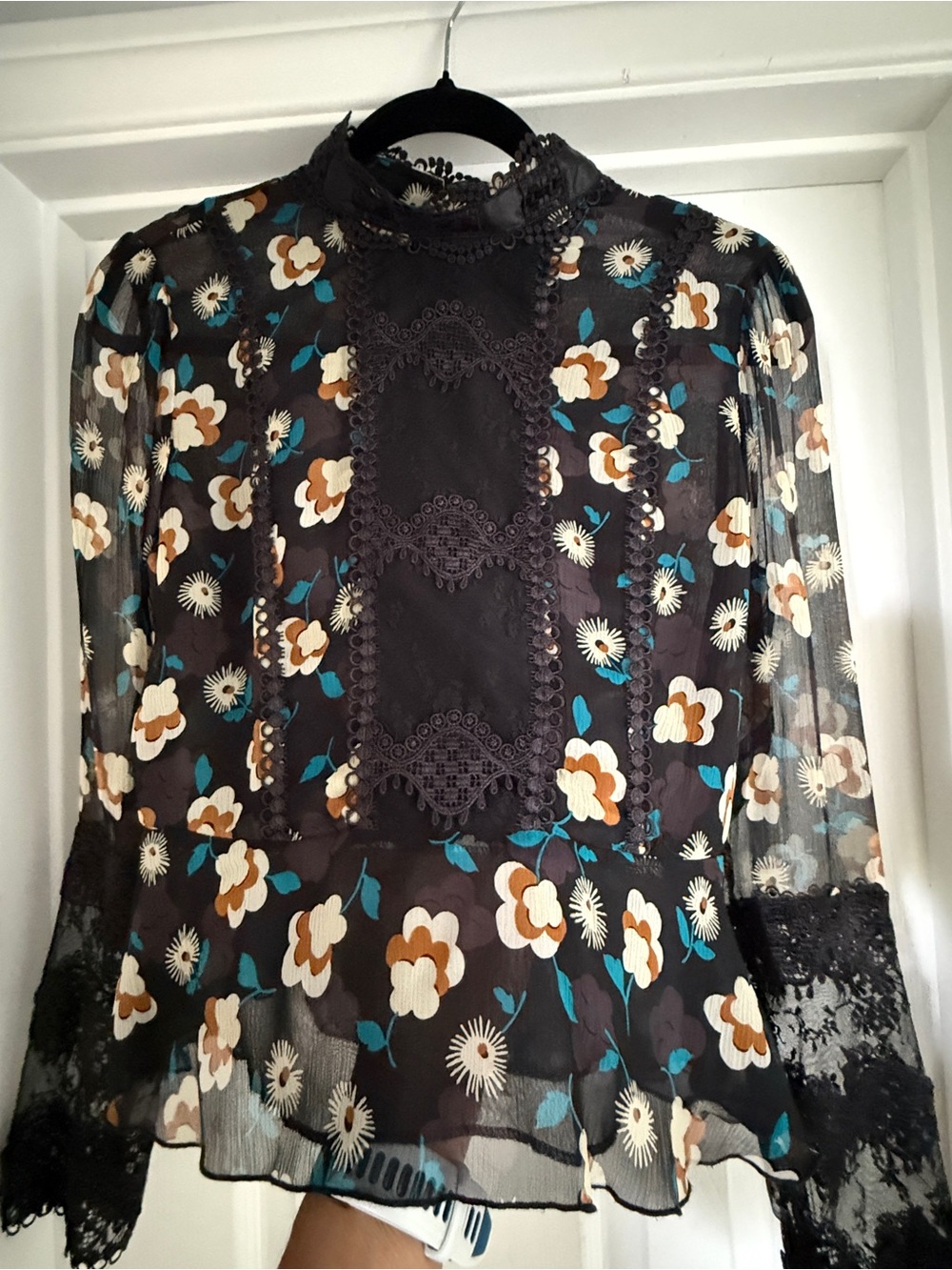 Anna Sui Sheer Black Floral Lace-Trim Blouse